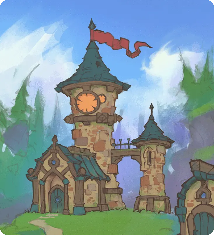 Final 2D game environment render of a detailed medieval town square with timber-framed buildings and a cart.