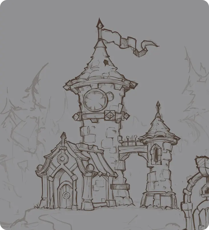 Line art sketch of a medieval 2D environment, showing a detailed town square with complex buildings and a cart.
