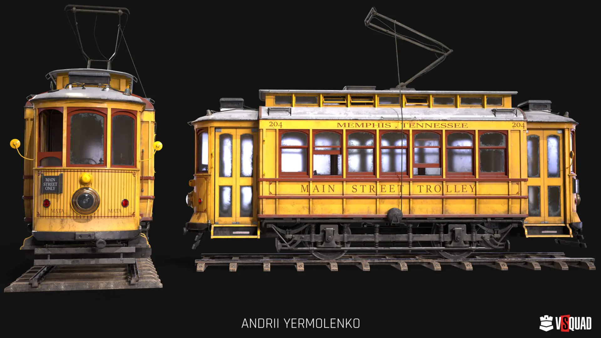 3D model of a yellow Memphis Main Street Trolley with weathered textures, showcasing expert vehicle art for video games.