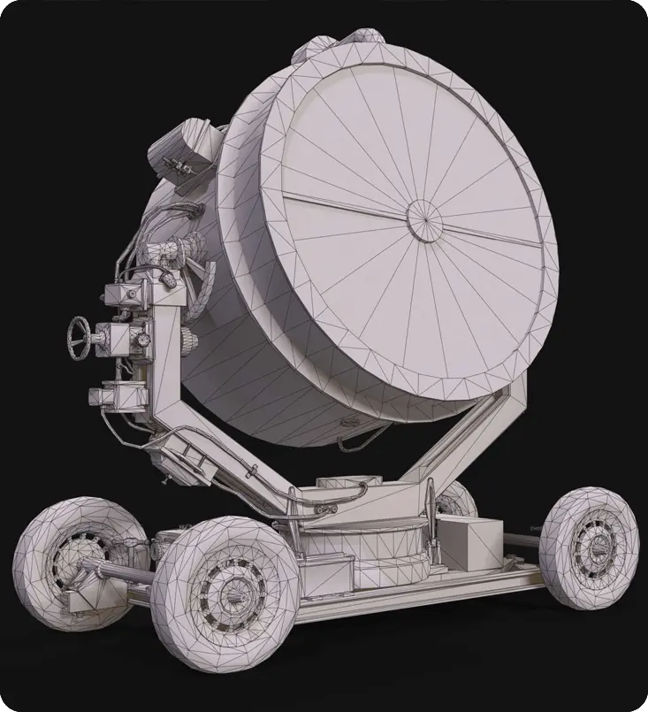 Wireframe 3D model of a military searchlight, optimized topology for game-ready military vehicle assets.