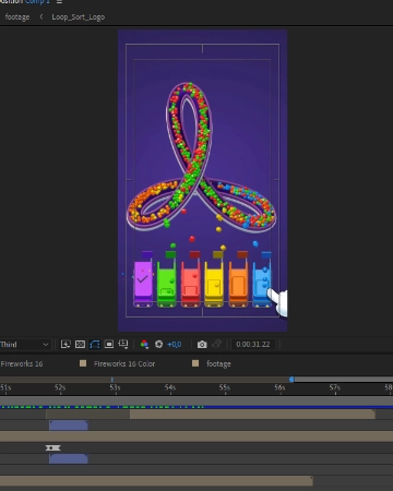 After Effects workstation showing the animated asset for a mobile color-sorting puzzle game ad.