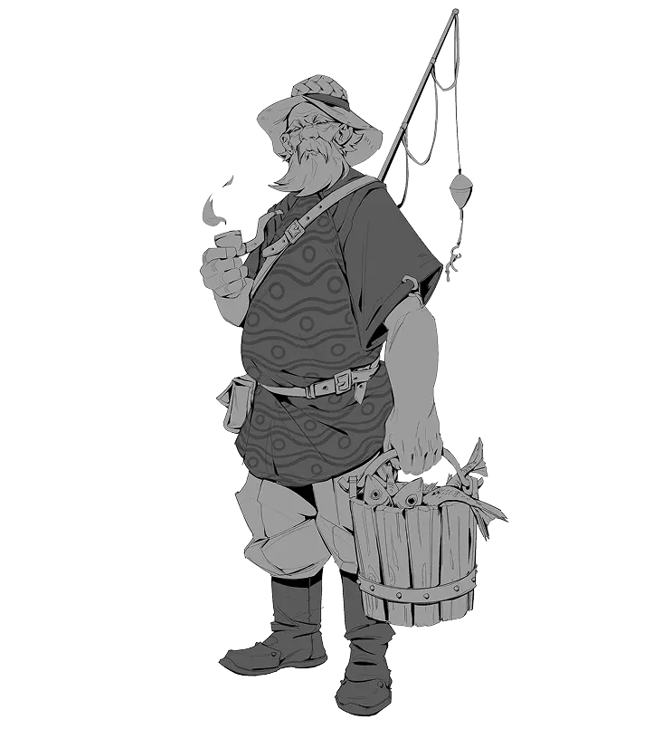 Detailed 2D character art of a bearded fisherman with a smoking pipe, fishing rod, and bucket of fish.