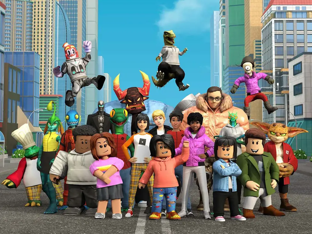 Group of diverse Roblox avatars showcasing various style trends from classic blocky to realistic Rthro character skins.