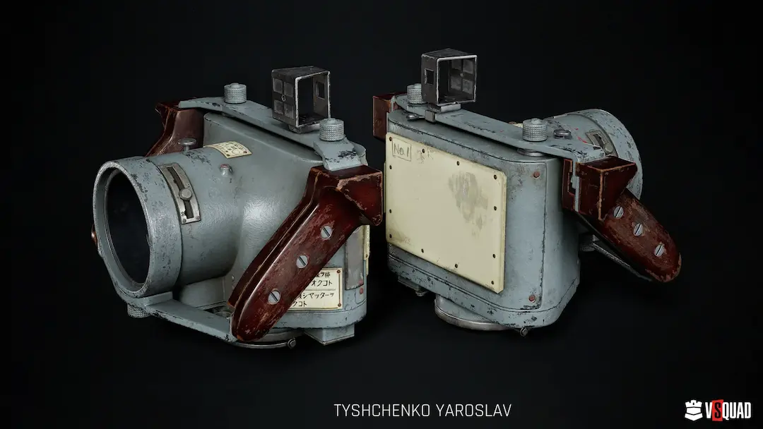 Vintage industrial prop concept art featuring a detailed mechanical camera device with worn metal textures.