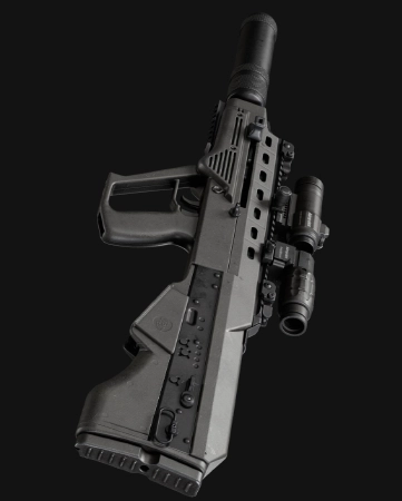 Detailed 3D model of a tactical bullpup assault rifle with suppressor and optics, high-quality weapon prop for game design.