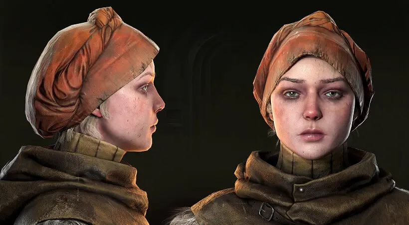 Realistic 3D fantasy female character portrait with orange headscarf and detailed skin textures for game art.