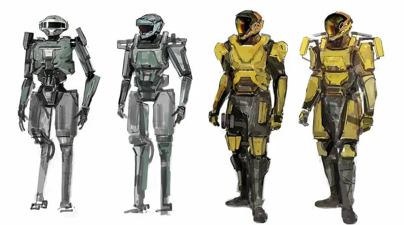 Lineup of four futuristic robot character concepts, progressing from a base frame to detailed yellow-armored suits.