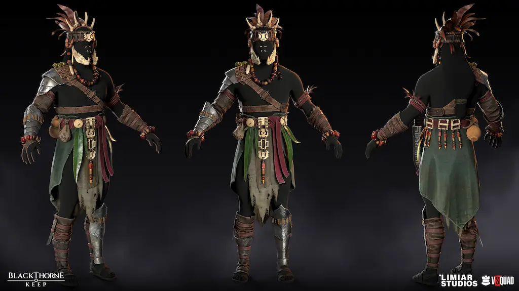 Three-view display of a stylized tribal character skin for Roblox, showcasing high-quality assets for sale.
