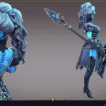 3D character concept art from SMITE featuring a spectral female warrior with ornate armor and a crystal spear.