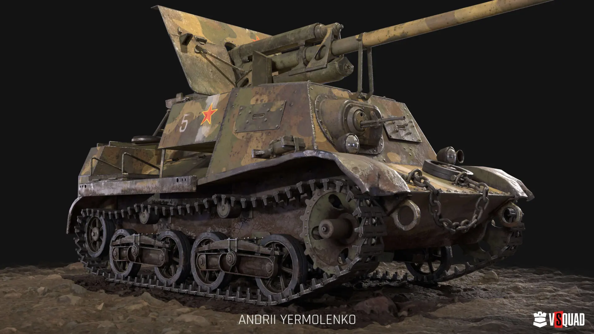 Detailed 3D model of a camouflaged Soviet self-propelled gun with weathered PBR textures for military game assets.
