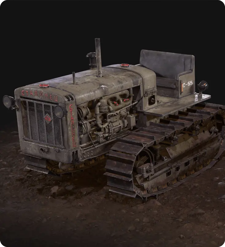 Weathered Stalinez C-65 tracked tractor 3D model asset for realistic game environments.