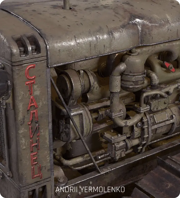 Close-up 3D render of Stalinez C-65 tractor engine detail with realistic weathered textures for game environments.