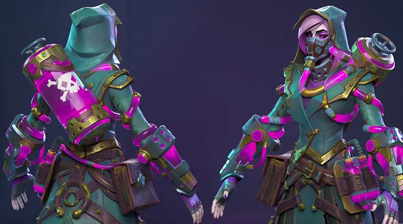 Stylized 3D female alchemist character showcase with front and back views featuring glowing pink sci-fi equipment.