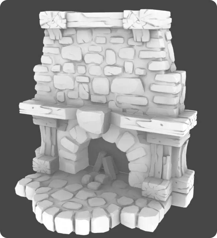 Ambient Occlusion AO render of a stylized stone fireplace 3D model, showing high-poly details for game environment art.
