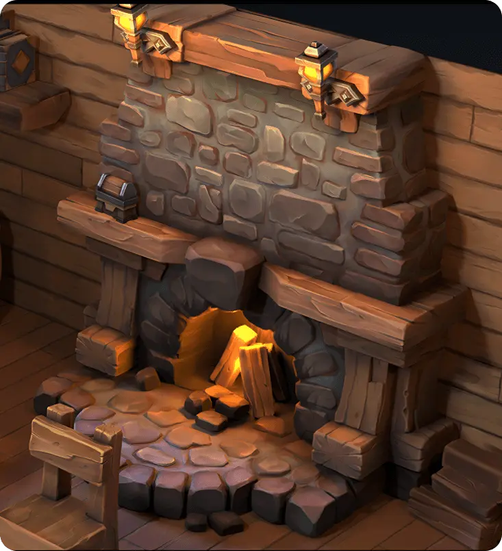 Cozy stylized 3D fireplace interior render with warm lighting and wooden tavern assets for game environment design.