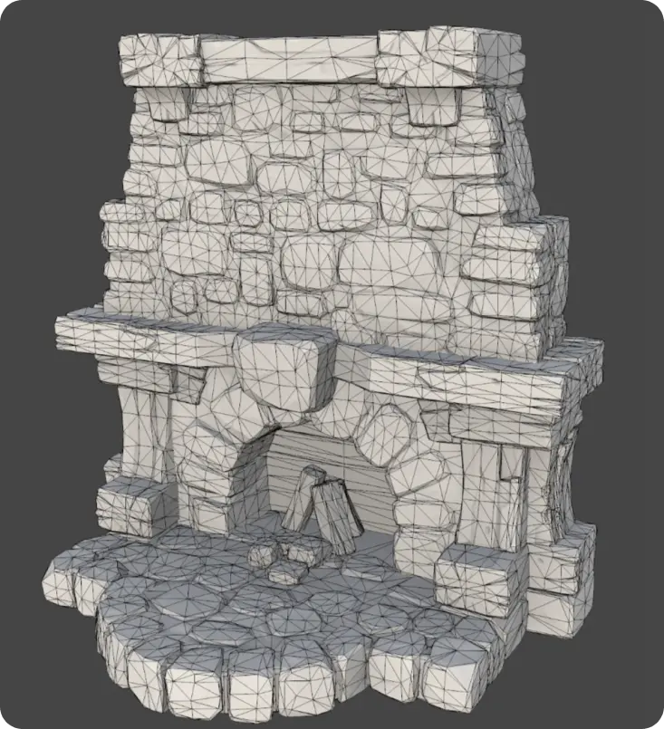 3D wireframe mesh of a stylized fireplace asset showing clean topology for game environment design and optimization.