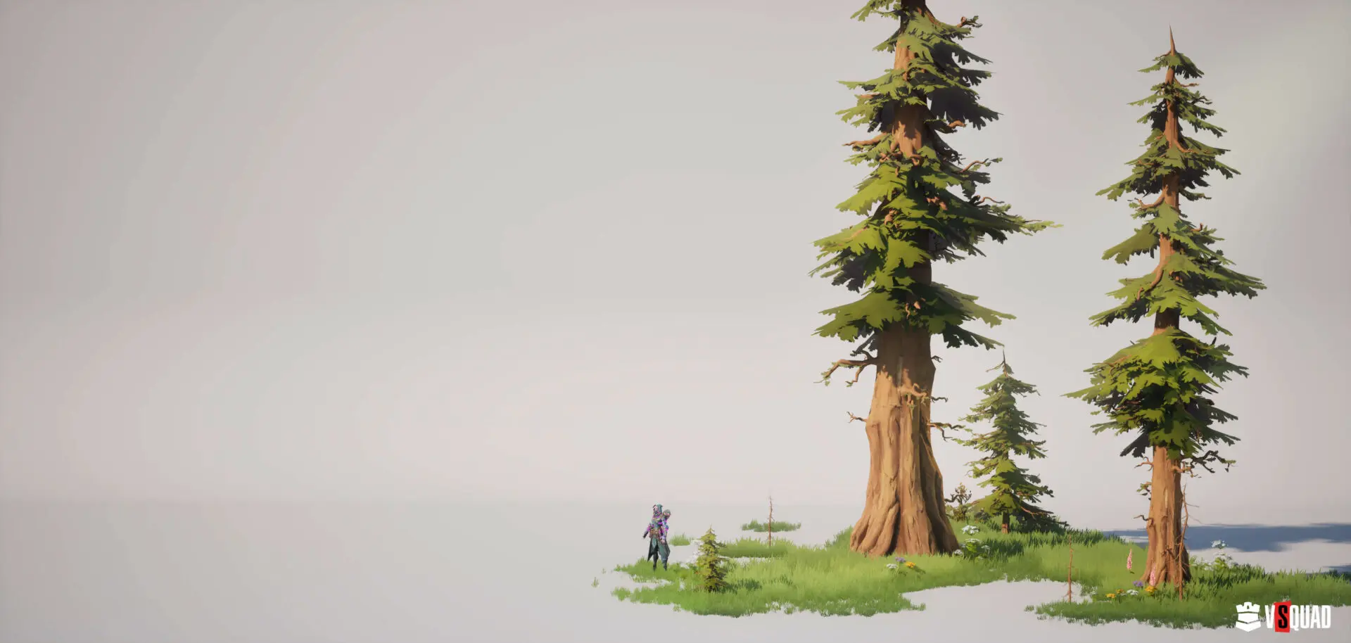 Stylized 3D spruce trees composition with character scale for game environment design assets and level dioramas.