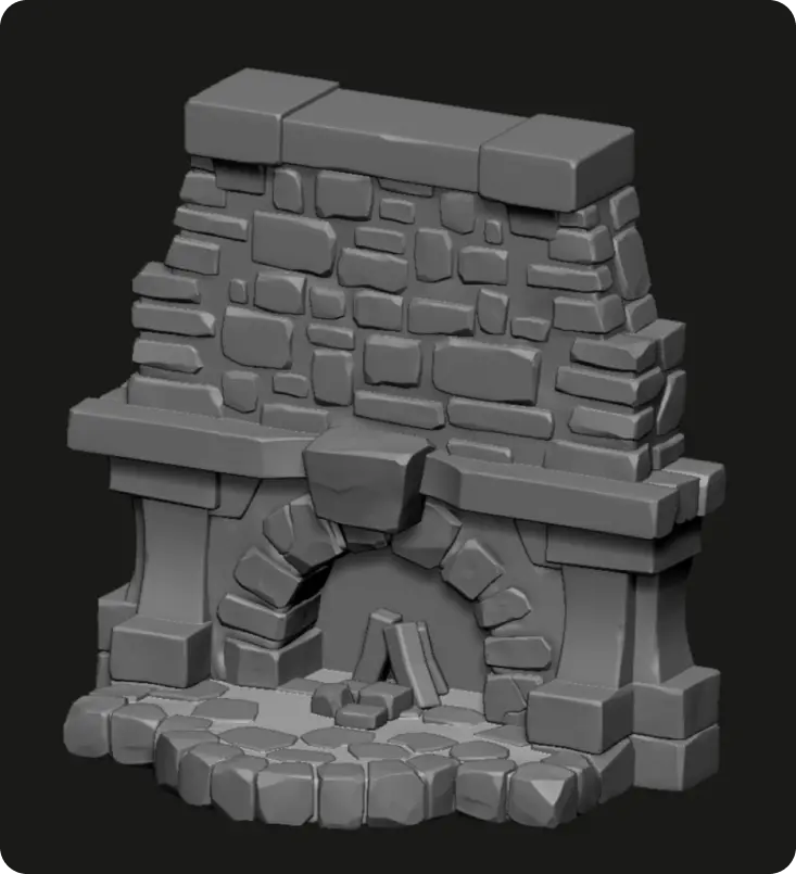 A detailed 3D render of a stylized stone and wood fireplace game asset, viewed from a three-quarter angle.