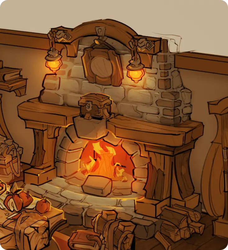 Stylized concept art of a fantasy fireplace with warm lighting for 3D environment interior design and game assets.