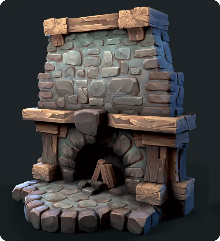 Final textured 3D fireplace prop with stylized stone and wood for fantasy game environment art and asset portfolio.