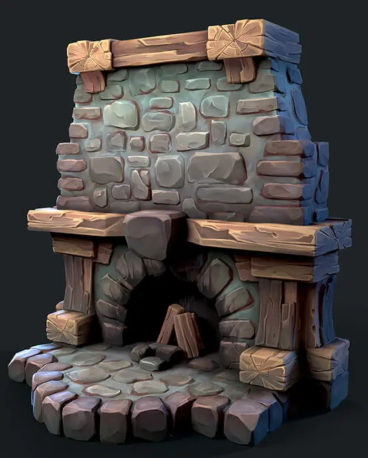 Stylized 3D stone fireplace model with chunky wood beams and hand-painted textures for game environment design.