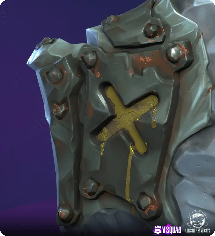 Stylized 3D prop model of a battle-worn stone plate with a yellow cross symbol and hand-painted blood textures.