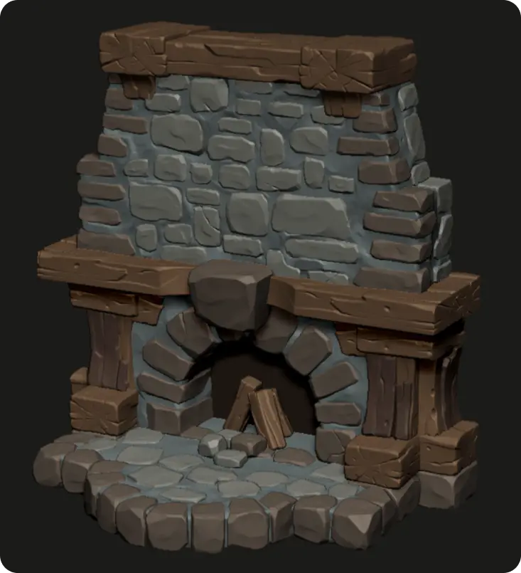 Textured stylized 3D fireplace prop with stone and wood details for game environment interior design.