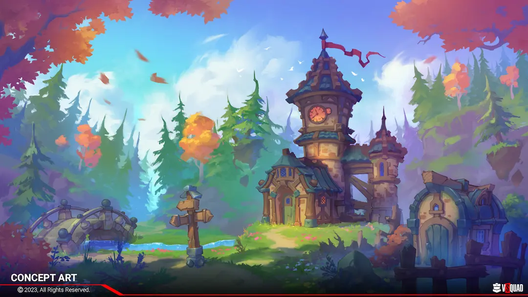 Concept art of a clock tower village showcasing a balanced triadic color scheme of green, orange, and blue.