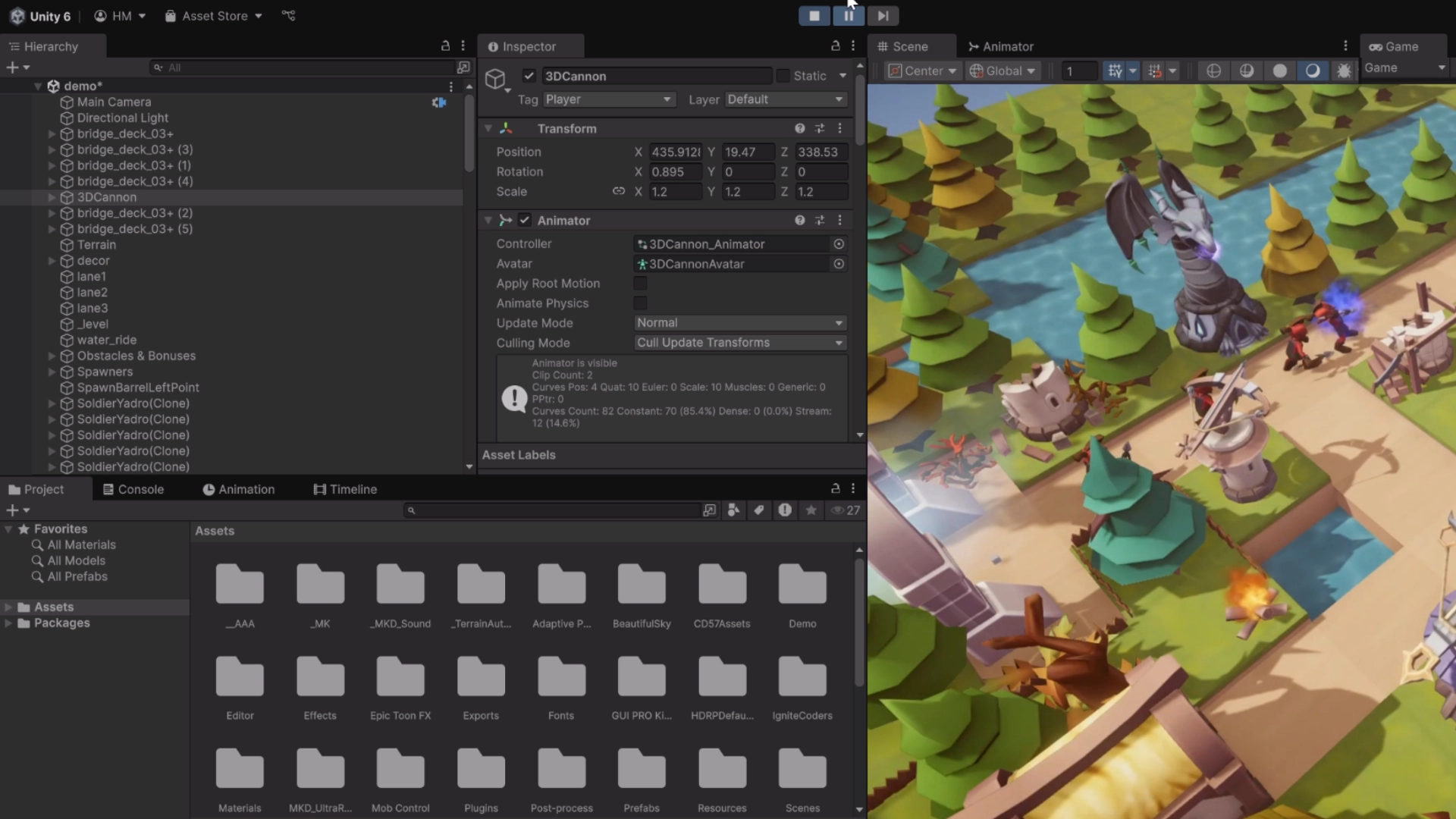 Unity 6 engine interface showing a 3D game scene with stylized environment, inspector panels, and asset hierarchy.