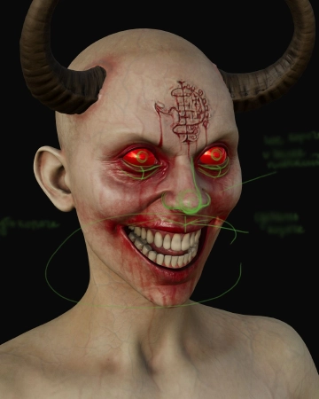 Detailed 3D demonic head with horns and glowing red eyes, shown within a character rigging tool with control lines.