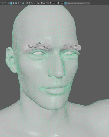 3D character head wireframe showing clean topology for Unreal Engine game development.