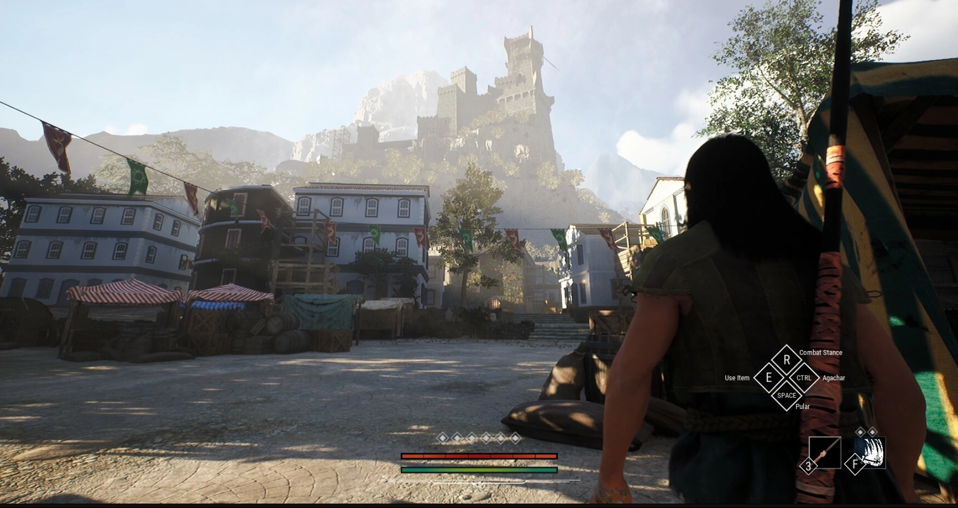 Unreal Engine medieval game development showing a character in a 3D town environment with a castle.