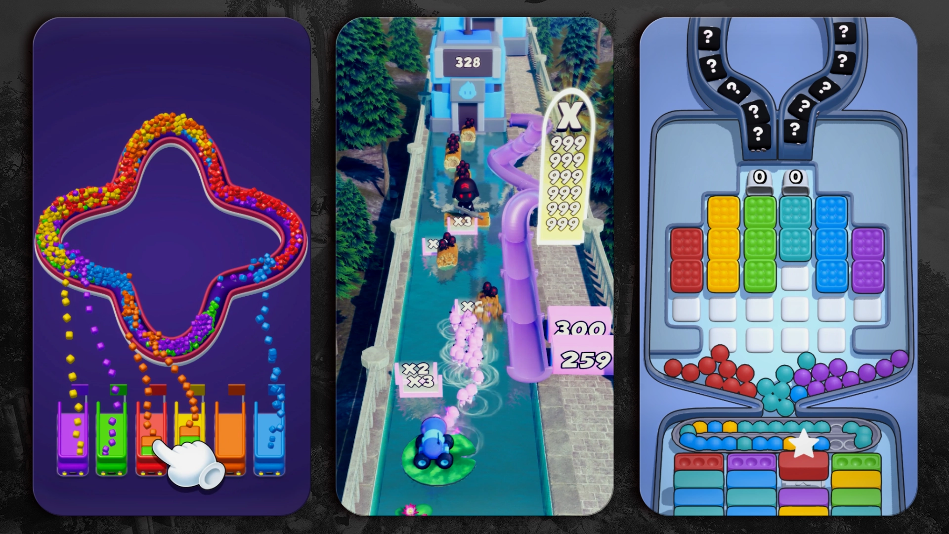 Mobile game video ad examples showing puzzle, runner, and sorting gameplay mechanics