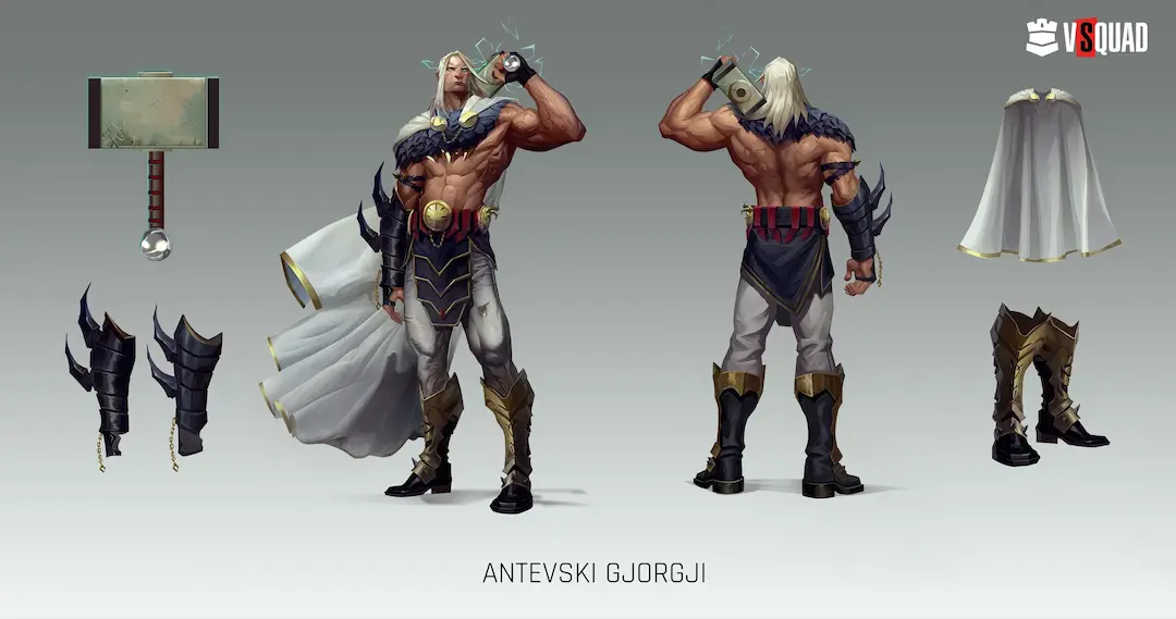 Professional 2D character turnaround and equipment breakdown showcasing VSQUAD Studio's game design workflow.
