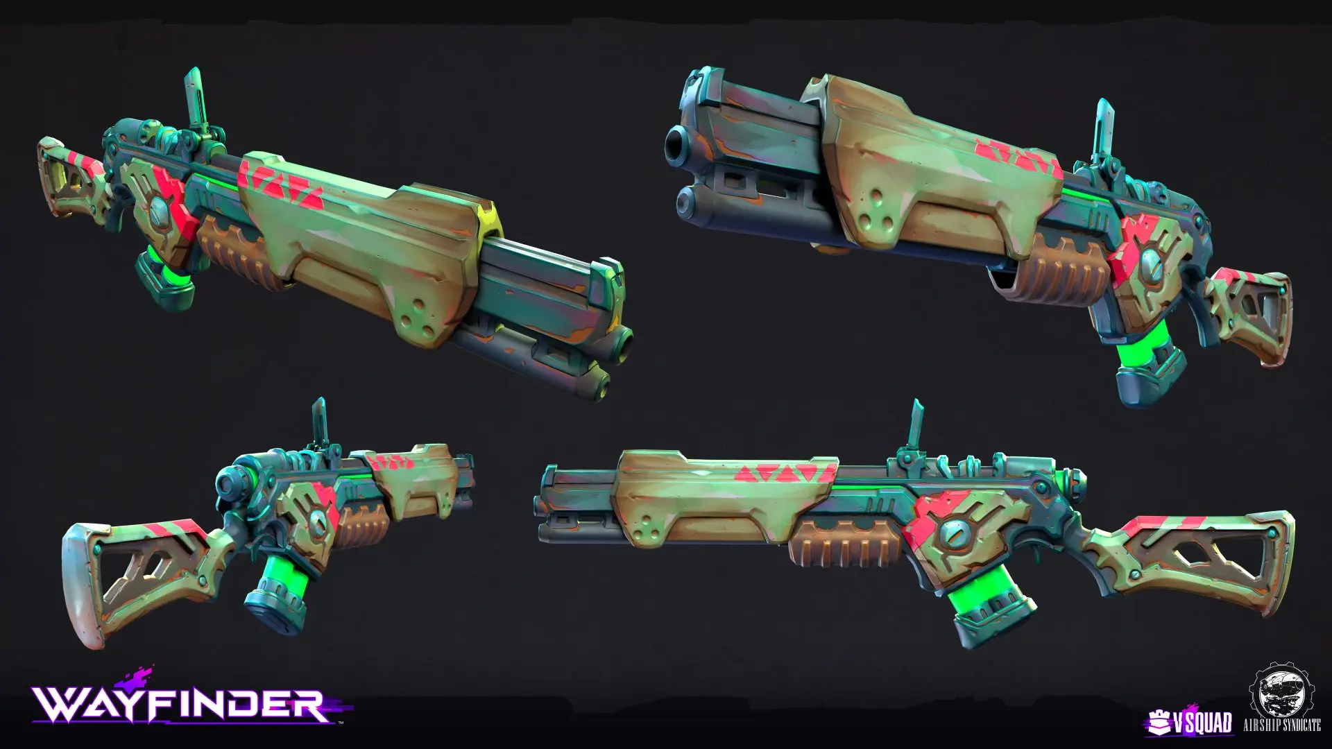 Stylized green and beige Wayfinder futuristic rifle 3D game asset shown from four angles with glowing accents.