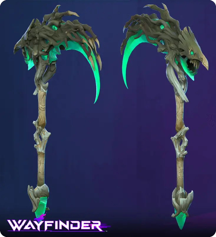 Stylized 3D model of a Wayfinder scythe with a skull head and glowing green energy blade for game assets.