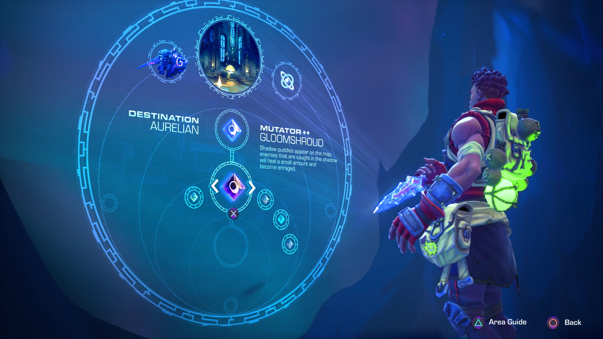 Futuristic circular game HUD showing destination selection and mutator details.