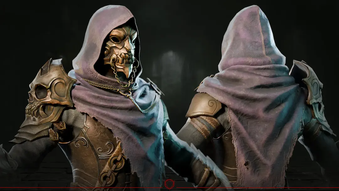 3D game character asset with a golden mask and hooded armor for concept art outsourcing scope