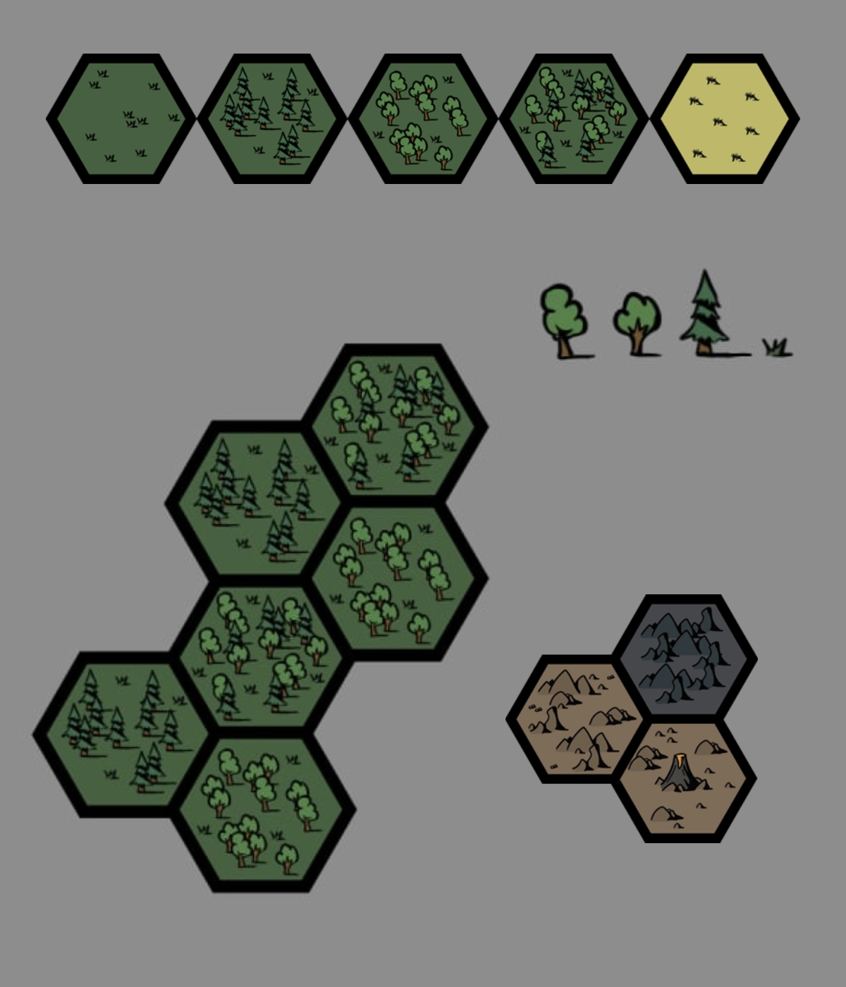 Stylized 2D hexagonal tile concepts for a digital board game map, showcasing 2D art asset production for tabletop games.