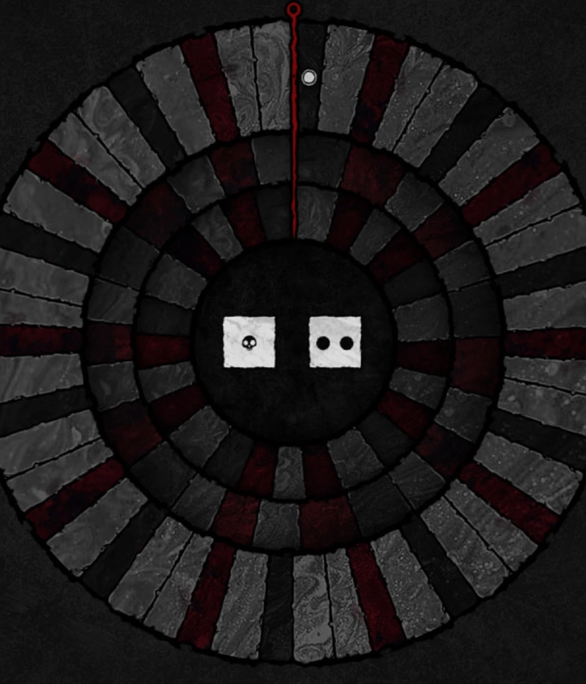 Gothic-style circular board interface for digital tabletop game development, featuring a skull and dice mechanic with an ancient stone texture.