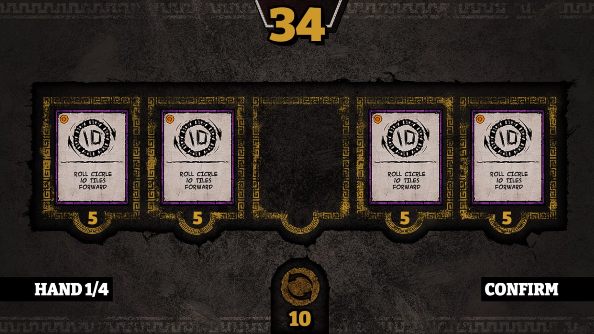 Multiplayer UI/UX interface design for a digital card game, displaying the player's active hand and turn selection pipeline.