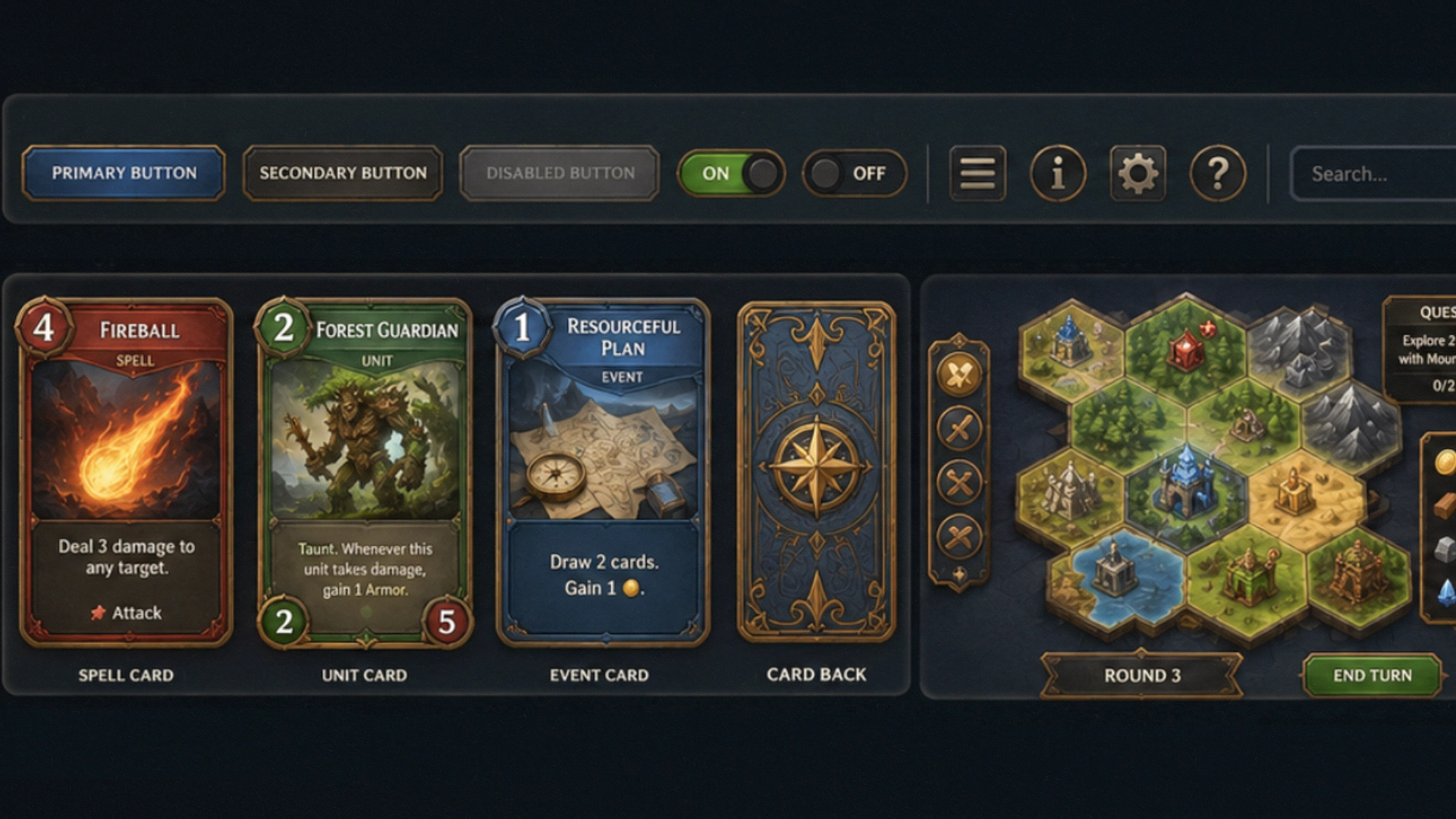 Comprehensive UI/UX design sheet for a digital card and board game, featuring custom 2D card art, buttons, and a hex map interface.