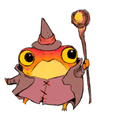 Cute, cozy hand-drawn illustration of a yellow-orange frog wizard with a pointy hat and glowing staff.