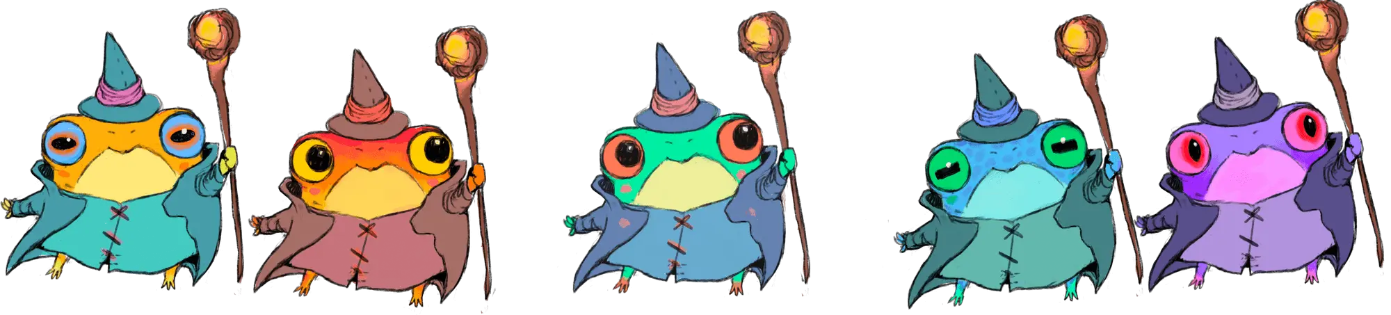 Line of five varied, cozy-styled cartoon frog wizards with unique hats, colorful robes, and glowing staves.