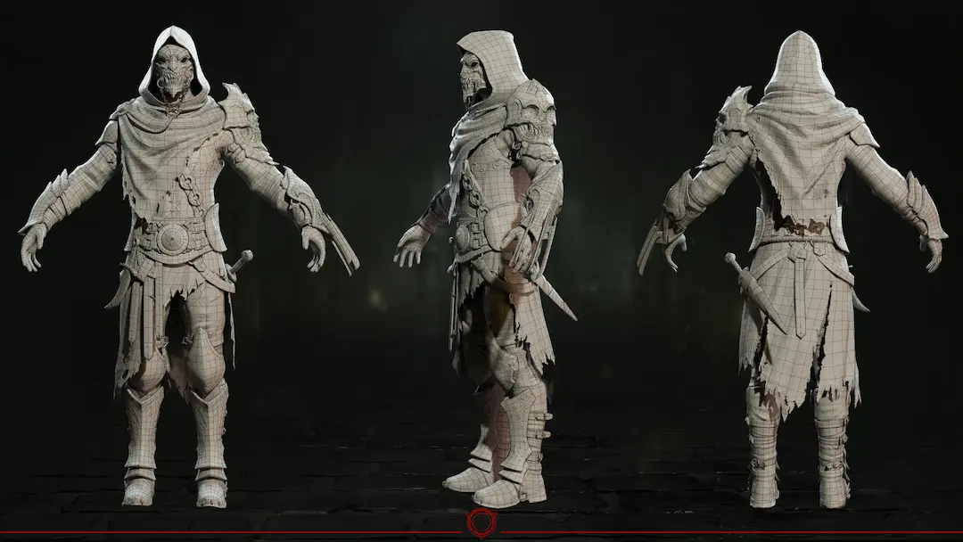 Realistic warrior 3D character model wireframe turnaround, showing game art tasks that can be delegated.