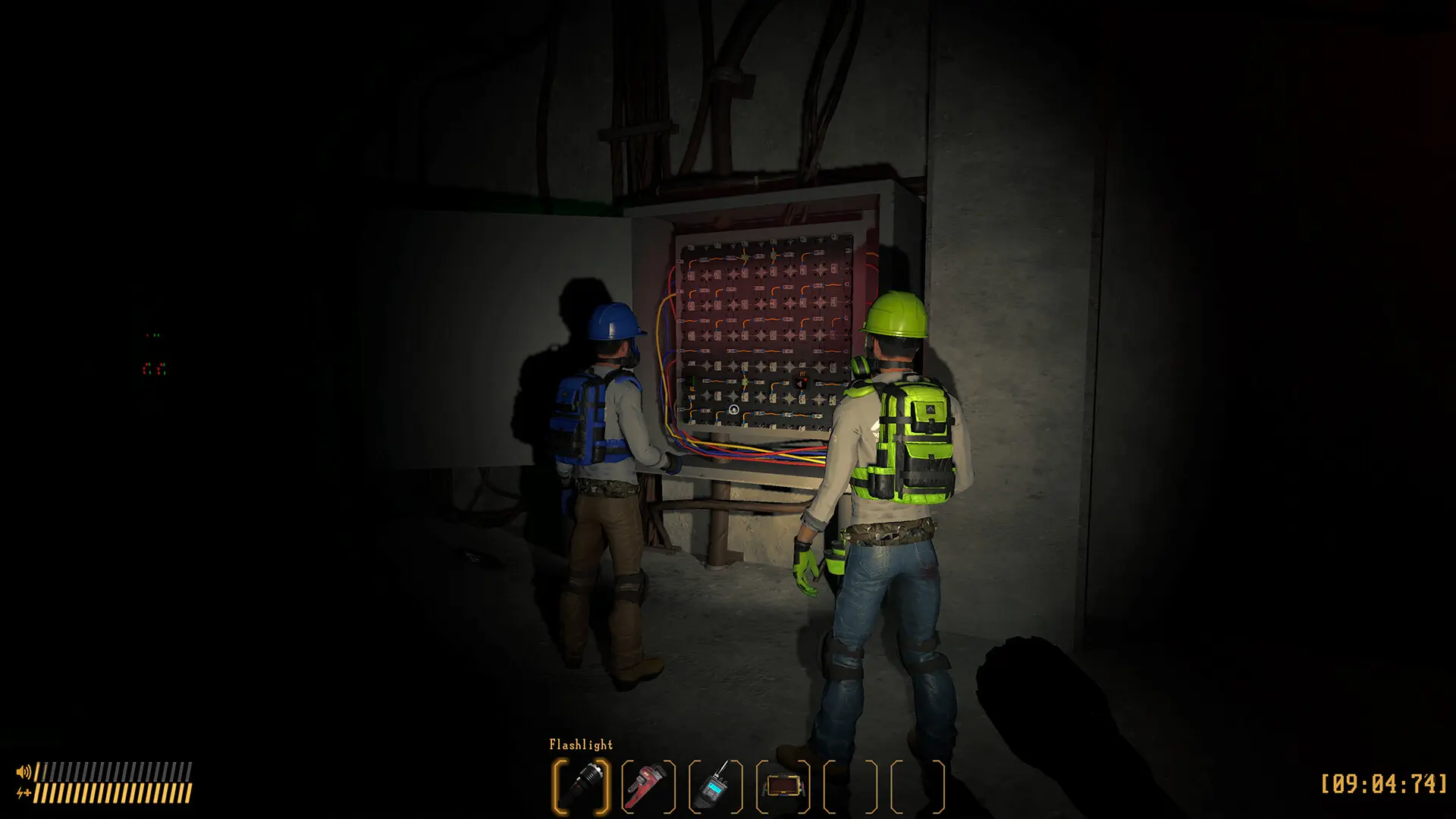 Co-op players in gas masks solve an electrical puzzle with flashlights in the dark Inside Black Pine multiplayer game.