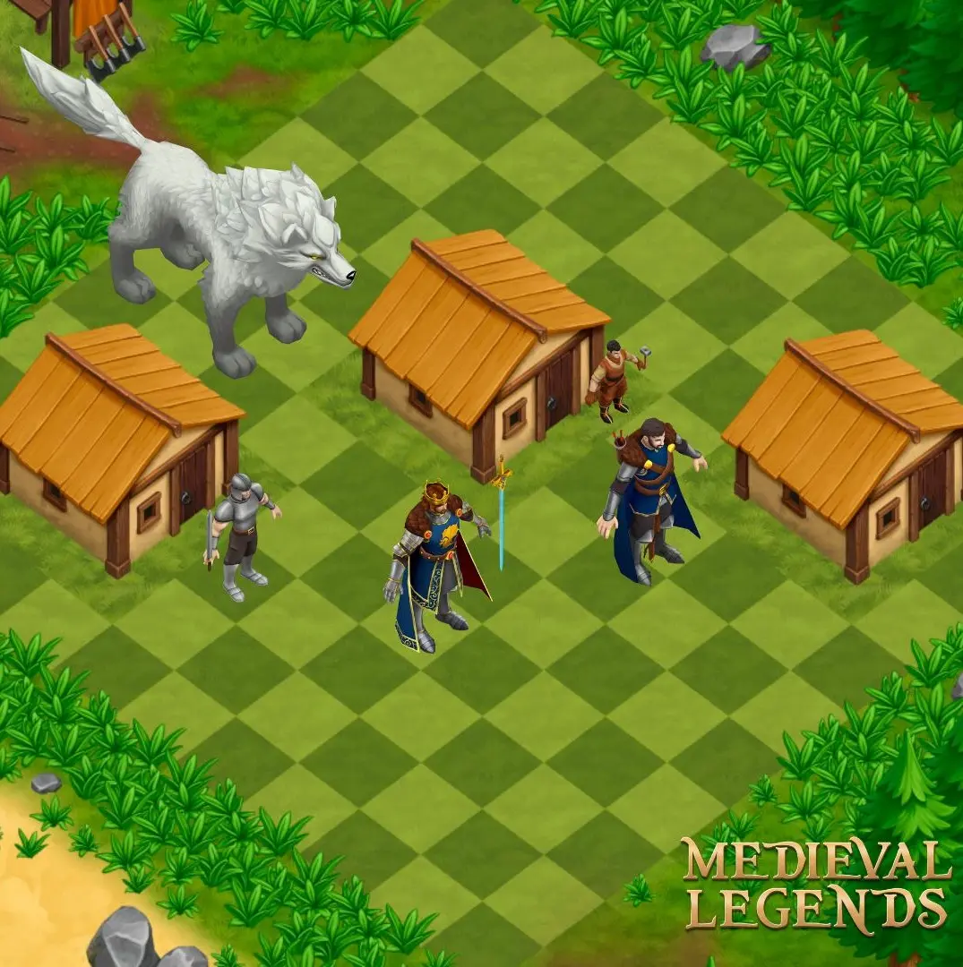 Medieval Legends RTS gameplay with a king, heroes, buildings, and a giant white wolf on a checkered grid.
