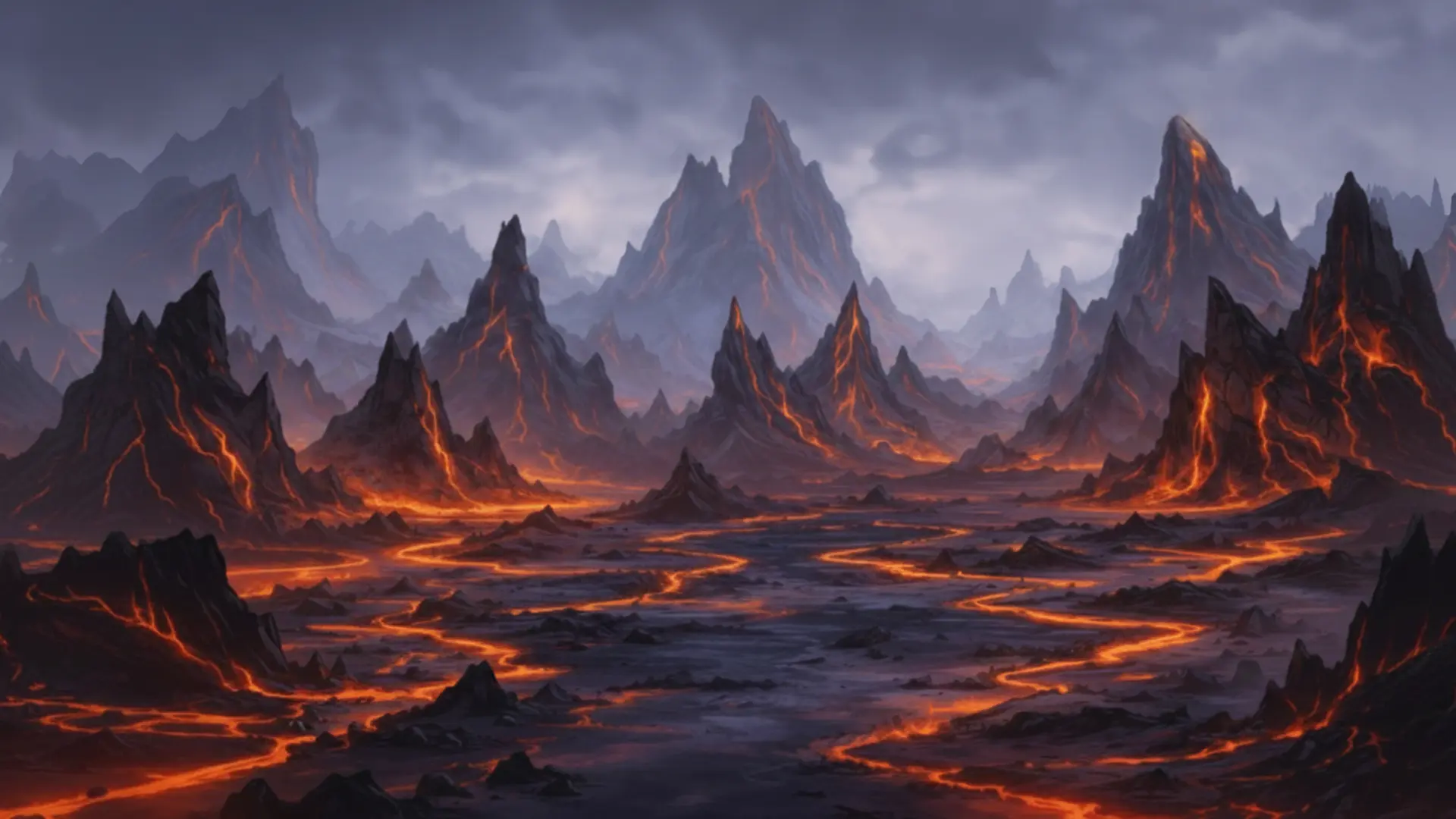 Medieval Legends volcanic landscape with glowing lava rivers and jagged dark mountain peaks.
