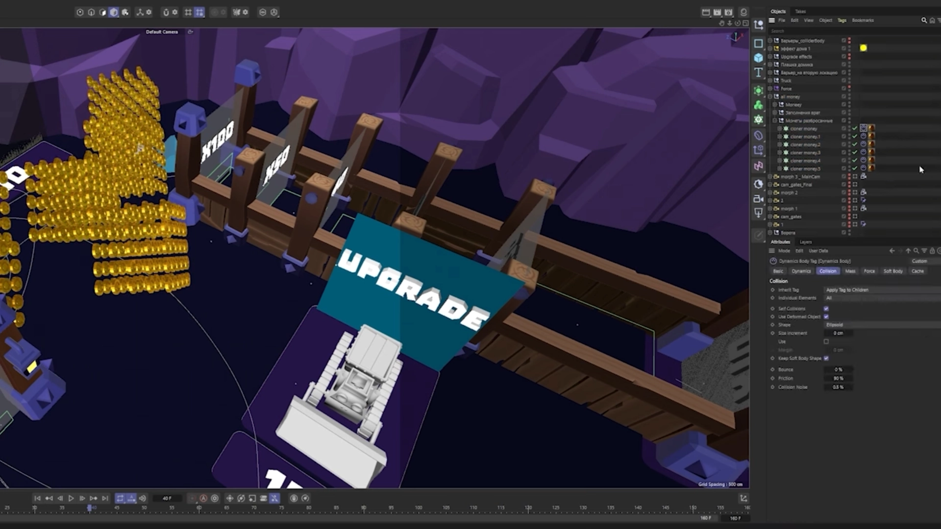 Mobile game development level design in Cinema 4D, featuring low-poly assets and multiplier gates for a casual game ad creative.