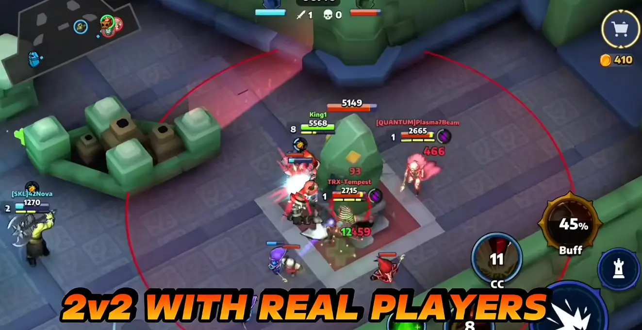 Gameplay screenshot of a mobile MOBA Blitz of Battle showing 2v2 combat with "2v2 with real players" text overlay.